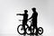 silhouettes of trial cyclists with bicycles chatting
