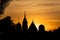 Silhouettes of Tula Kremlin towers and domes against sunset sky