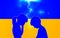Silhouettes of two crying sad children on the background of the Ukrainian flag. Concept vector illustration against war