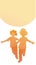 Silhouettes of two happy boys running with open arms in front of the sun. Isolated on white background