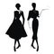 Silhouettes of two women in the retro style of the 50s or 60s isolated on white background