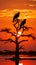 Silhouettes of vultures and a captivating African eagle on tree