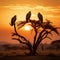 Silhouettes of vultures and a captivating African eagle on tree