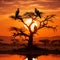 Silhouettes of vultures and a captivating African eagle on tree