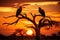 Silhouettes of vultures sitting on a tree during sunset, A captivating image of a majestic African eagle perched on a tree branch