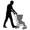 Silhouettes walkings father with baby strollers on white background