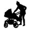 Silhouettes walkings mothers with baby strollers on white background