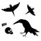 Silhouettes of witch ravens and skull. Halloween element design.
