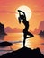Silhouettes of woman do yoga at sunset scenery