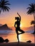 Silhouettes of woman do yoga at sunset scenery