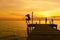 Silhouettes of woman jump into sea from pier