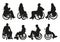 Silhouettes of women and men in wheelchairs in different movements