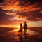 Silhouettes of a young couple admiring beautiful view on sunset. Man and woman looking at scenic evening landscape