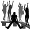 Silhouettes of young people, 4 girls and a guy, a boy in thought, makes a choice, girls are different, slim and young. Girls wavin