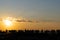 Silhouettes of young people sitting on the St. Petersburg roof against the background of the orange sunset