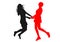 Silhouettes of  young slender skinny girls who have fun jumping up holding hands