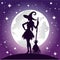 Silhuette of witch, full moon and stars, Halloween vector illustration