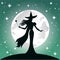 Silhuette of witch, full moon and stars, Halloween vector illustration