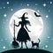 Silhuette of witch, full moon and stars, Halloween vector illustration