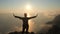 Silhuette young woman arms outstretched observing a beautiful dramatic sunset above a sea from a high mountain in Crimea