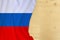 Silk colored national flag of Russia, empty wooden mocap for text, concept of tourism, travel, emigration, global business,