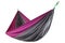 Silk hammock, gray with lilac, stretched on the ropes, durable and compact hammock, on a white background