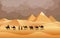 Silk road, camel caravan in desert. Arabian people in sahara, egypt pyramids, journey in dune landscape. Bedouins travel