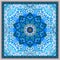 Silk scarf with blue mandala flower on ornamental background and decorative border. Indian, arabian motives. Beautiful winter