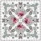 Silk scarf in ethnic style with red rose flowers and paisley on white background. Indian, russian motifs. Watercolor imitation