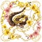 Silk scarf with gold chains, snakes and orhid flowers.