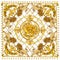 Silk scarf with golden lion and damask ornament. luxury shawl design. gold lace