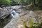 Silky water flowing over rocks in warmly lit forest