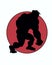 Sillouette of a caveman character walking symbol and a red circle