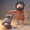 Silly 3d caveman character wheeling a hand cart trolley full of rocks, 3d illustration
