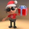 Silly 3d punk rock character with spikey hair and Santa hat holding a gift wrapped present, 3d illustration