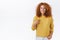 Silly attractive redhead curly woman in yellow sweater, pointing herself and smiling, express personal opinion, bragging