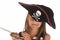 Silly girl in Halloween pirates hat holding swoad