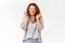 Silly hopeful redhead middle-aged woman making wish cross fingers good luck closed eyes sincere happy excited smile