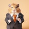 Silly looking hamster wearing business suit holding its mobile phone, half body corporate portrait. Generative AI realistic