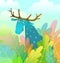 Silly Moose design looking amusing and eccentric in the forest background colorful watercolor style cartoon.