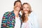 Silly portrait of couple with hair moustache, funny face and gen z fashion with university culture in youth. Happiness