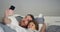 Silly, selfie and father with child in a bed happy, bond and embrace in their home. Goofy, face and kid with parent in a