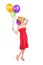 Silly woman with wig holding balloons