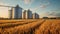 Silos in a barley field. Storage of agricultural production. Generative AI