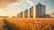 Silos in a barley field. Storage of agricultural production. Generative AI