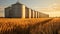 Silos in a barley field. Storage of agricultural production. Generative AI