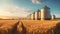 Silos in a barley field. Storage of agricultural production. Generative AI