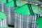 Silos for storage of grain, silo roof close-up. Warehouse of wheat and other cereals.