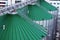 Silos for storage of grain, silo roof close-up. Warehouse of wheat and other cereals.