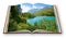 Sils lake in the Upper Engadine Valley in a summer day Europe - Switzerland - 3D render concept image of an opened photo book